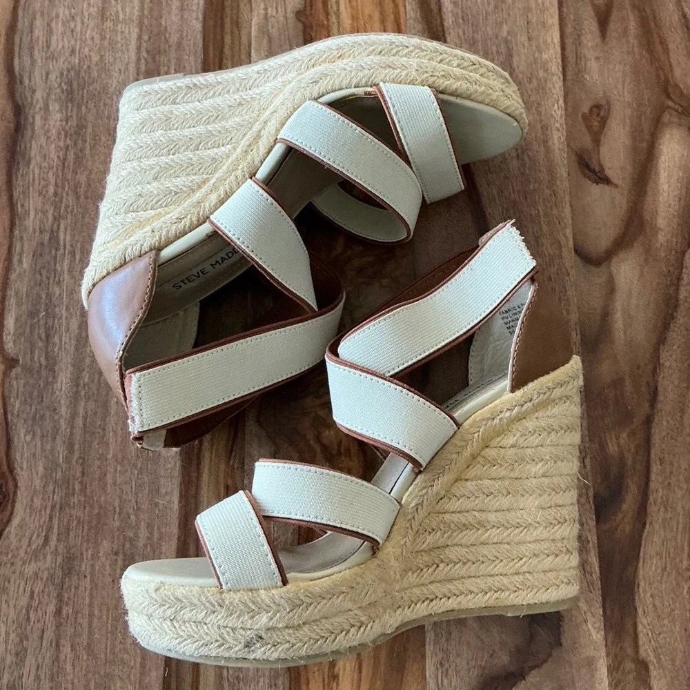 Steve Madden Erryn Womens Espadrille Wedge Sandals Cream Brown Size 7 Jute Heel‎